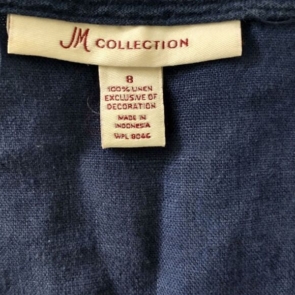 JM Collection Linen Shirt Sz 8 Top Tunic Navy Blue Embroidered Beaded Blouse. - Picture 12 of 16